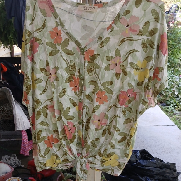 Floral Tie-Front Blouse - Green, Pink, and Yellow - Picture 1 of 11